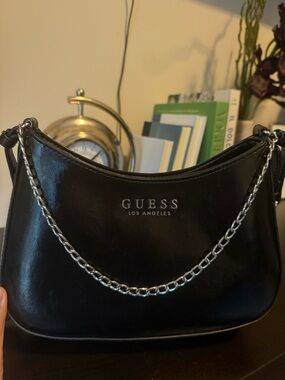 GUESS Black Patent Shoulder Bag with Silver Chain